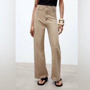 Zara ZW Collection High Waist Wide Leg Tan Jeans Size 6